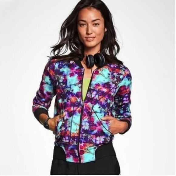Athleta Jackets & Blazers - Athleta Watercolor Floral Zipper Front Bomber Coat Jacket With Zipper Pockets- S